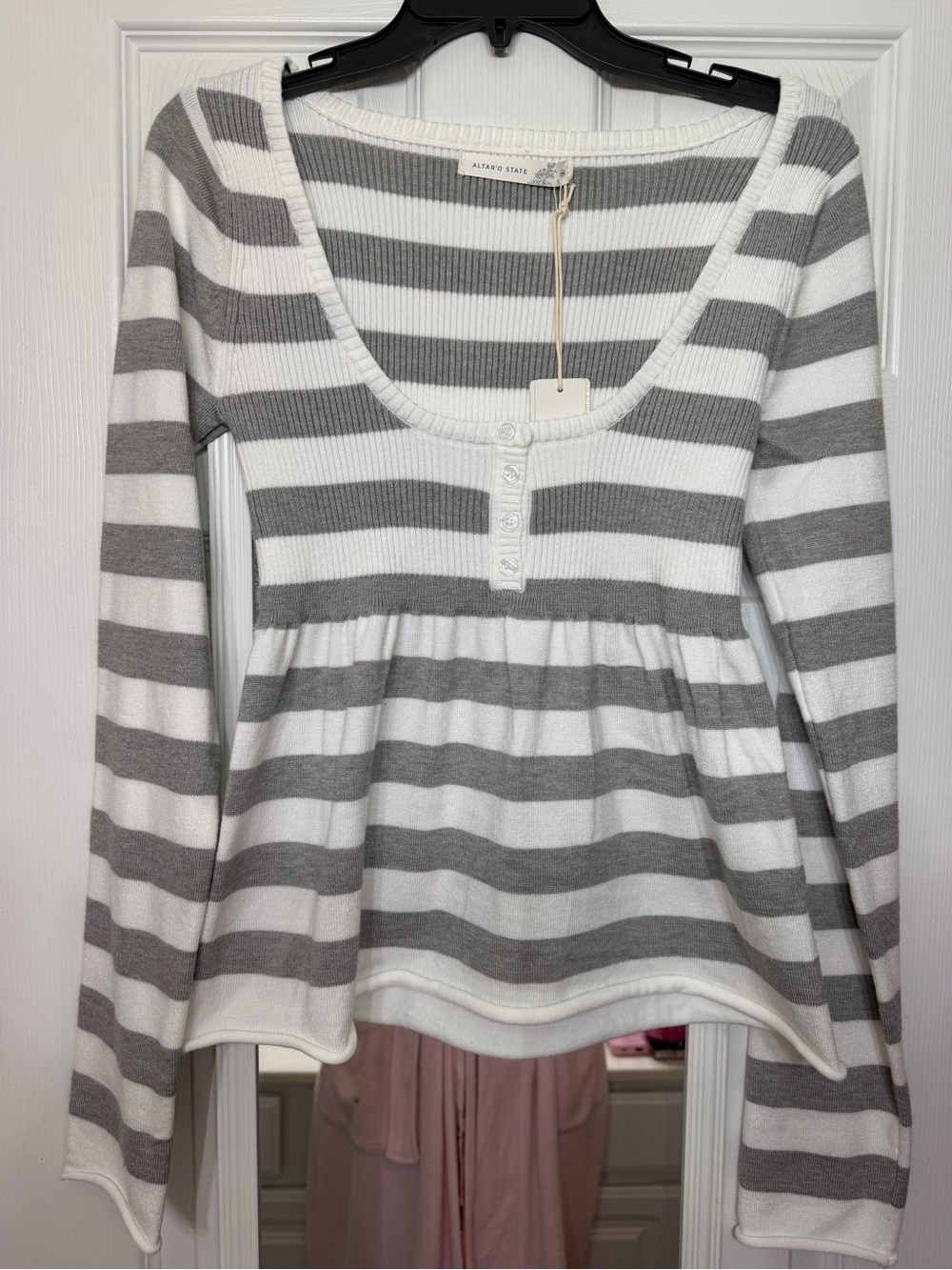 Altar'd State White and Gray Striped Scoop-Neck Sweater Long Sleeve NWT
